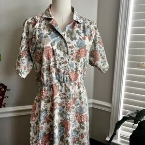 Vintage 90s Collared Dress Neutral Mauve Blue Floral Bohemian Size Medium